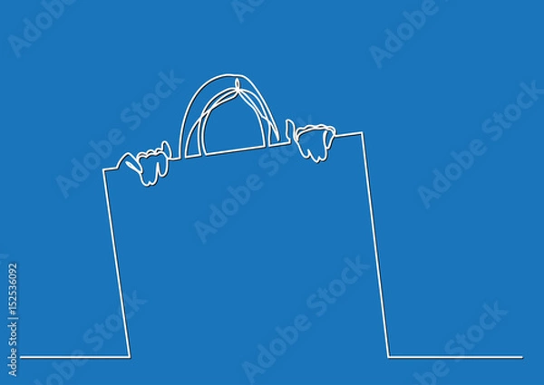 Fototapeta woman hiding behind blank placard - continuous line drawing