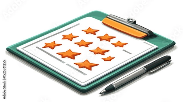 Fototapeta A flat vector cartoon performance review concept with star rating document clipboard and pen icons on white background no shading no gradients