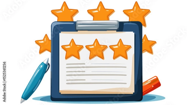 Fototapeta A flat vector cartoon performance review concept with star rating document clipboard and pen icons on white background no shading no gradients