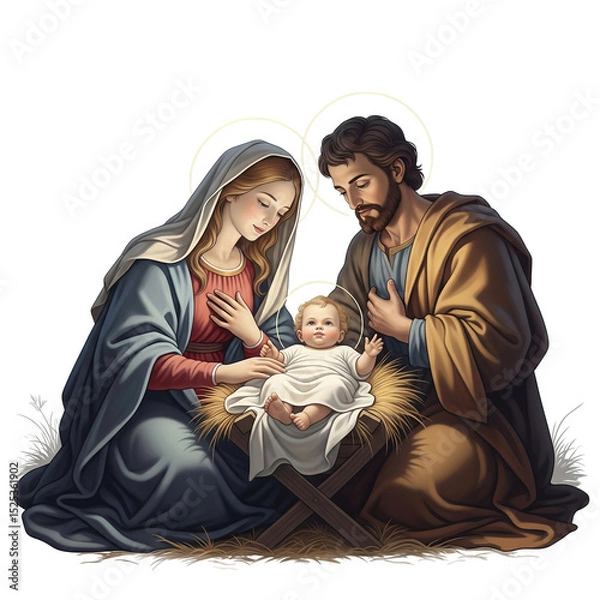 Fototapeta Holy family gathered in humble stable beneath glowing halos symbolizing divine presence and sacred love during the timeless nativity scene of the biblical era.