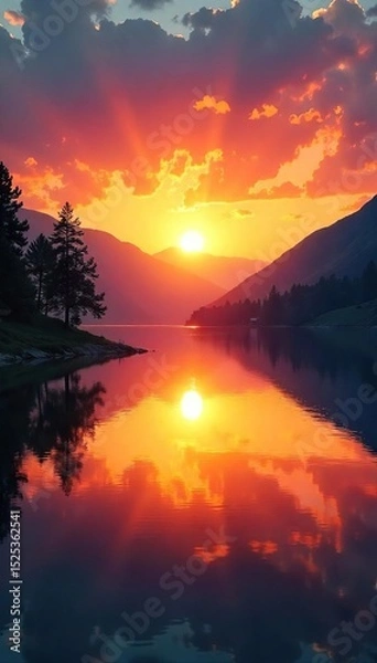 Fototapeta Vibrant sunrise over a tranquil lake, reflecting the golden light Perfect for travel, nature, or peaceful backgrounds Ideal for websites, presentations, and more , serene, beautiful