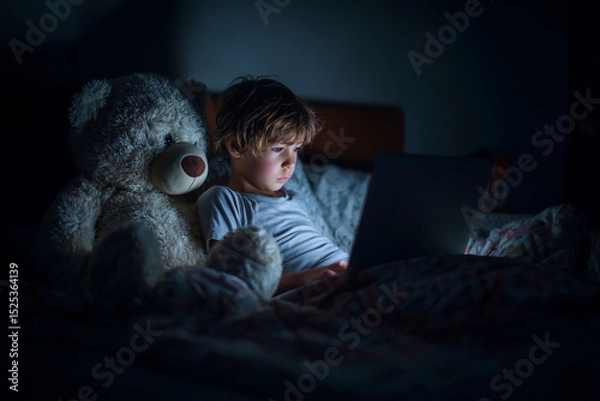 Fototapeta A young boy is sitting on a bed with a teddy bear next to him. He is looking at a laptop computer