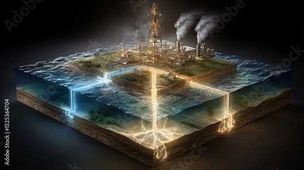 Fototapeta An illustrative isometric view showcasing a fracking operation and its environmental impact with industrial structures and underground geological layers depicted.