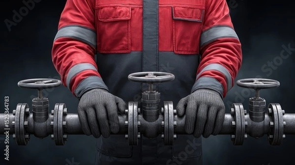 Fototapeta Chemical plant refinery labor concept. Worker operating industrial valves on a pipeline, showcasing machinery and tools.