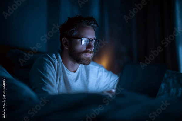 Fototapeta A man is sitting on a bed with a laptop in front of him. He is wearing glasses and has a beard. Concept of relaxation and leisure, as the man is using his laptop in a comfortable setting