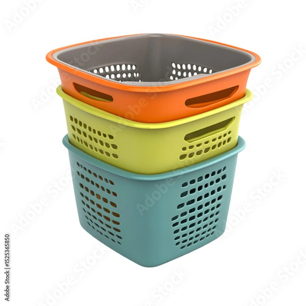Fototapeta Stack of Three Colorful Plastic Storage Baskets