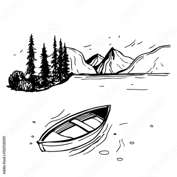 Obraz  Hand-drawn  landscape with boat on mountain lake. Vector sketch  illustration.