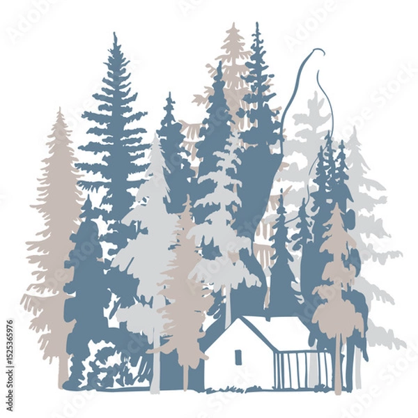 Obraz Hand-darwn cabin in the woods.  Vector sketch  illustration.