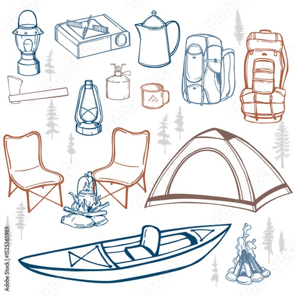 Obraz Hand-drawn  stuff for camping. Tent, kayak and other camping equipment.  Vector sketch  illustration.