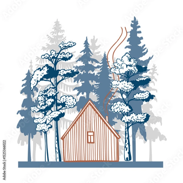 Obraz Hand-drawn wooden house in the forest.  Vector sketch  illustration.