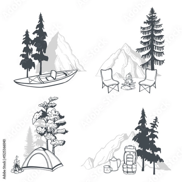 Obraz Hand-drawn hiking trips to the mountains. Vector sketch  illustration.