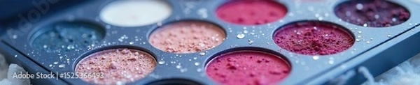 Fototapeta Close-up shot of a winter-themed makeup palette with frosty eyeshadows, shimmering highlighters, and deep berry lip colors, perfect for January's icy beauty trends , cold, stylish