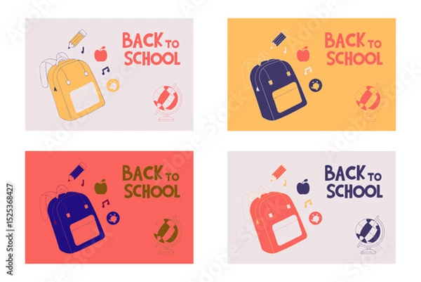 Fototapeta Back to school concept illustration with a modern flat design. A large yellow backpack on the left surrounded by school-related doodles. Bright, cheerful, and academic theme