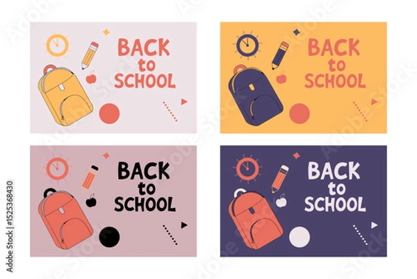 Fototapeta Back to school concept illustration with a modern flat design. A large yellow backpack on the left surrounded by school-related doodles. Bright, cheerful, and academic theme