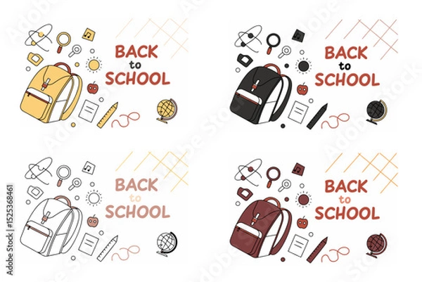 Fototapeta Back to school concept illustration with a modern flat design. A large yellow backpack on the left surrounded by school-related doodles. Bright, cheerful, and academic theme