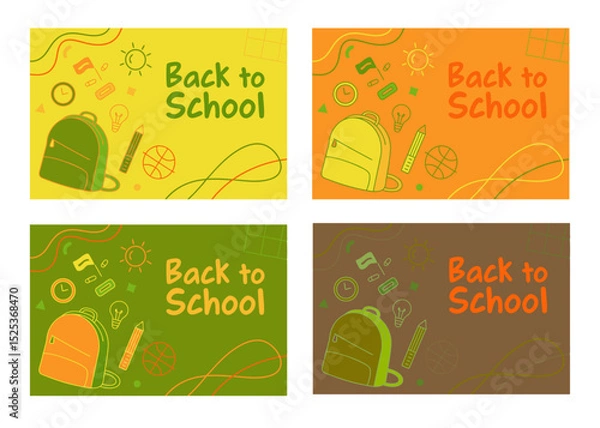 Fototapeta Back to school concept illustration with a modern flat design. A large yellow backpack on the left surrounded by school-related doodles. Bright, cheerful, and academic theme