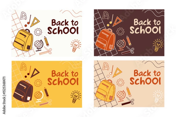 Fototapeta Back to school concept illustration with a modern flat design. A large yellow backpack on the left surrounded by school-related doodles. Bright, cheerful, and academic theme