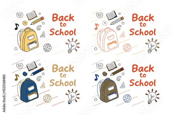Fototapeta Back to school concept illustration with a modern flat design. A large yellow backpack on the left surrounded by school-related doodles. Bright, cheerful, and academic theme