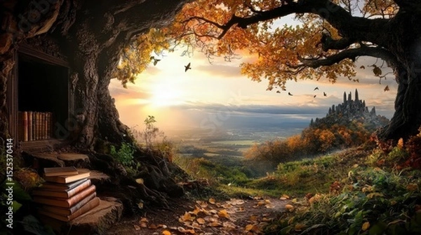 Fototapeta autumn on scene book concept. Enchanting scene with books in a tree, overlooking a distant castle at sunset.