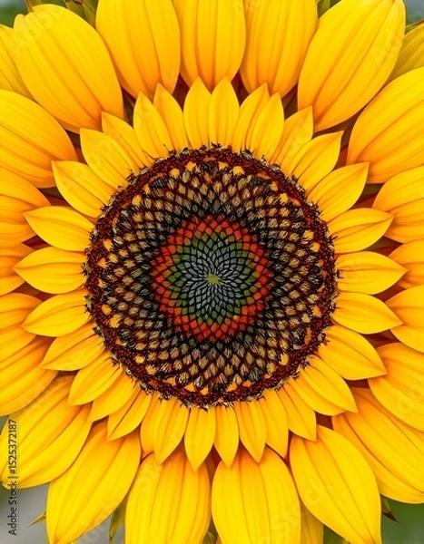 Fototapeta The geometric pattern of a sunflower head viewed from above. 