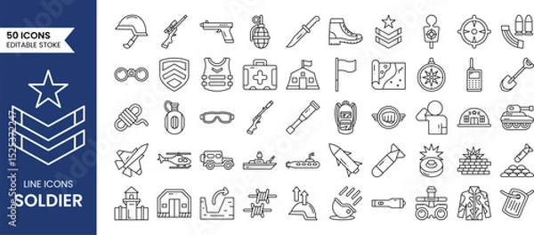 Fototapeta Soldier line editable icon set. Vector illustration
