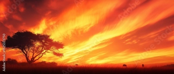 Fototapeta Beautiful landscape of a sunset. the sky is filled with vibrant orange and red hues, with the sun setting in the background.