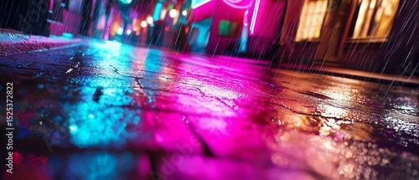 Fototapeta Close-up of a wet street at night. the street is wet and there are raindrops falling from the sky. the background is blurred, but it appears to be a city street with buildings and lights.