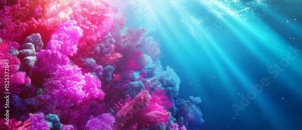 Fototapeta Underwater scene with a large group of coral reefs. the coral reefs are in various shades of pink, purple, and white, and they are densely packed together.