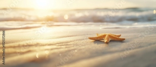 Fototapeta Close-up of a starfish on a sandy beach. the starfish is in the center of the image and is facing towards the right side of the frame.