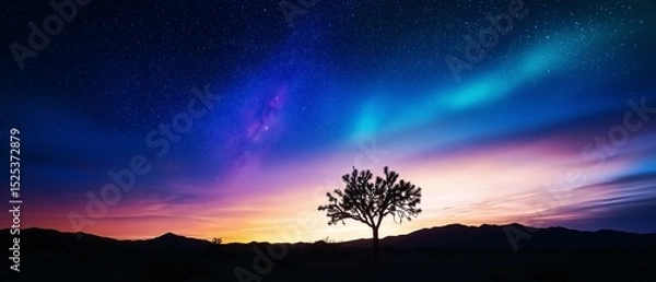 Fototapeta Beautiful landscape of a desert landscape with a lone tree in the foreground. the sky is filled with stars and the colors of the sky are a mix of blue, purple, pink, and orange hues.
