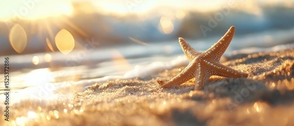 Fototapeta Close-up of a starfish on a sandy beach. the starfish is orange in color and has five arms. it is resting on the sand with small pebbles scattered around it.