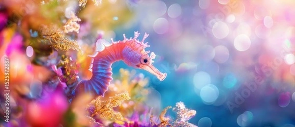 Fototapeta Close-up of a seahorse swimming in an underwater environment. the background is blurred, but it appears to be a colorful, bokeh-like scene with a variety of plants and flowers.