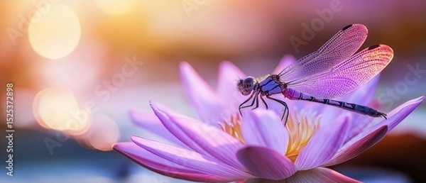 Fototapeta Close-up of a dragonfly resting on a pink lotus flower. the dragonfly is in focus, while the background is blurred, creating a dreamy and ethereal atmosphere.