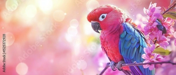 Fototapeta Close-up of a colorful parrot perched on a branch of a tree. the parrot has a bright red body with blue and green feathers on its wings and tail.