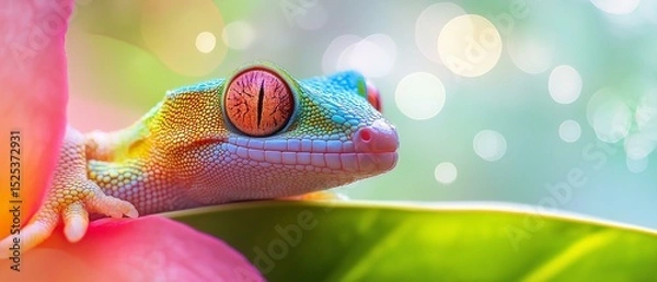 Fototapeta Close-up of a gecko's head and neck. the gecko is perched on a pink flower petal, with its body facing towards the right side of the image.
