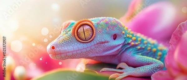 Fototapeta Close-up of a gecko's head and neck. the gecko is perched on a pink flower with green leaves.