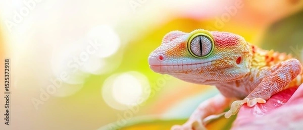 Fototapeta Close-up of a gecko's head and neck. the gecko is perched on a pink flower petal, with its body facing towards the right side of the image.