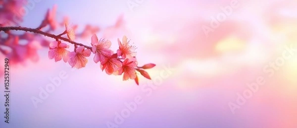 Fototapeta Close-up of a branch of a tree with pink cherry blossom flowers. the branch is in full bloom, with the flowers in various stages of blooming.