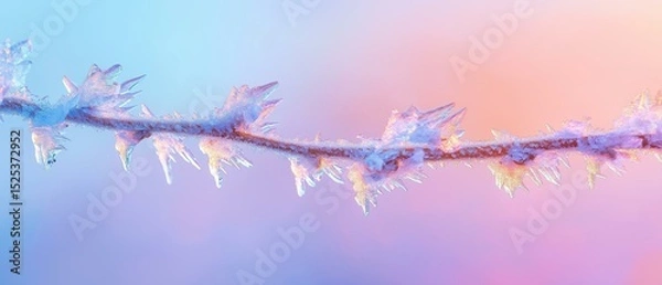 Fototapeta Close-up of a branch of a tree with icicles hanging from it. the branch is covered in a thin layer of frost, with the icicles glistening in the light.