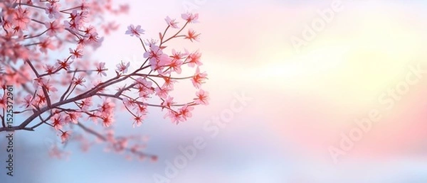 Fototapeta Close-up of a branch of a tree with pink cherry blossom flowers. the branch is in full bloom, with small white flowers scattered throughout.
