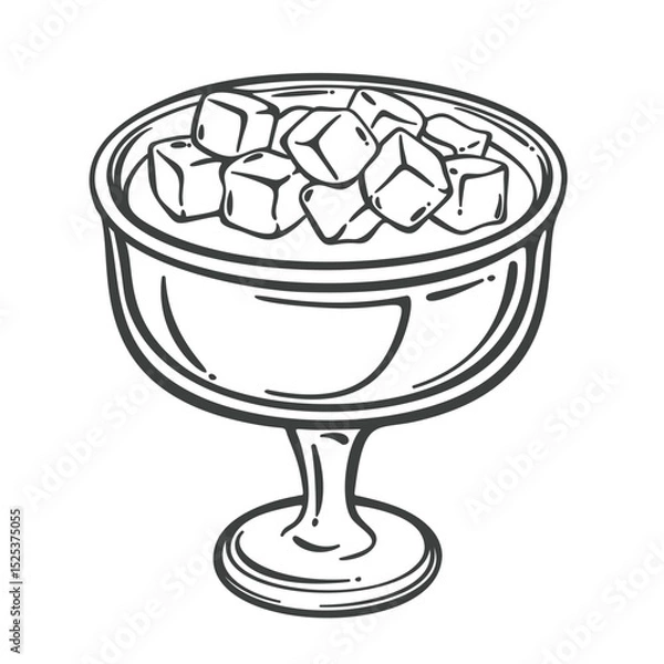 Fototapeta Glass dessert bowl filled with creamy mango pudding and diced mango cubes on top. Classic sweet treat in outline engraving style. Outline vector illustration for dessert menu, packaging, or labels.