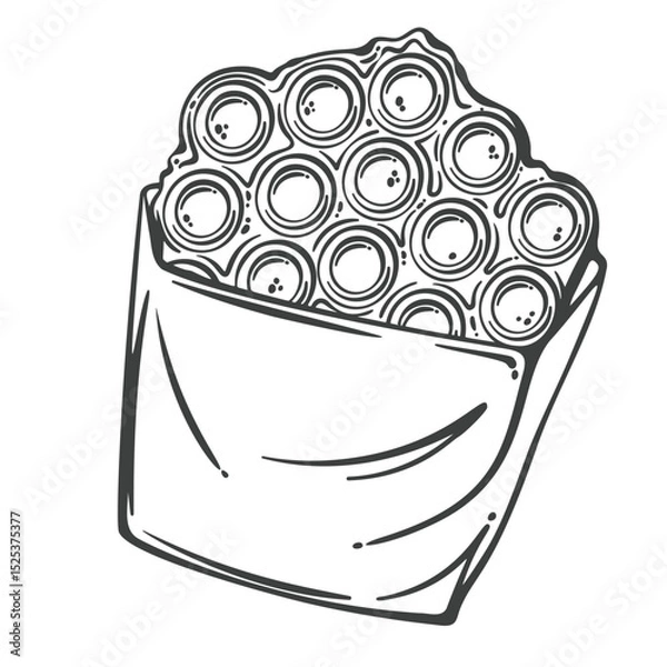 Fototapeta Hong Kong egg waffles with round bubble texture, served in paper cone. Traditional street snack with crispy outside and soft inside. Outline vector illustration for menu, packaging, or food design.