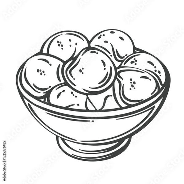 Fototapeta Bowl filled with round sugar egg puffs, crispy outside and fluffy inside, drawn in outline engraving style. Outline vector illustration for menu, packaging, or food design.