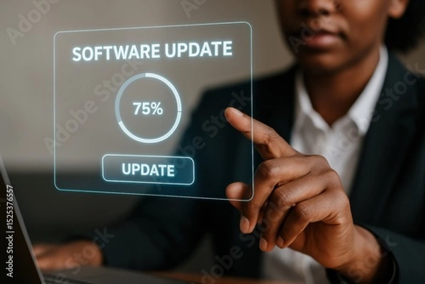 Fototapeta Person business suit interacts with virtual software update