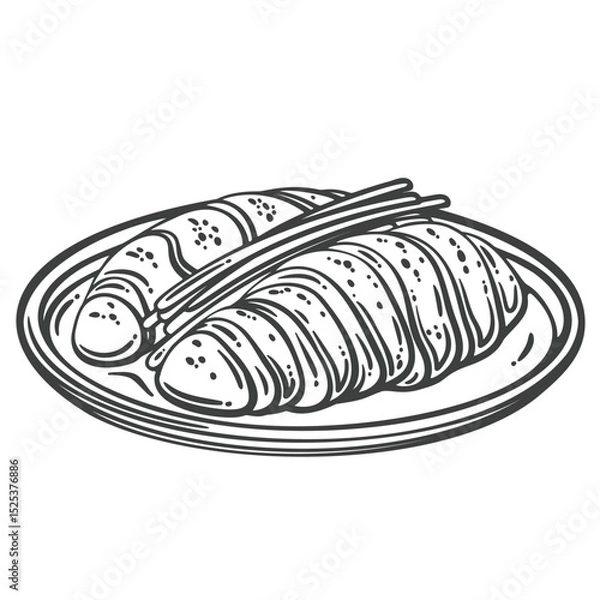 Fototapeta Traditional sliced roast duck served on a round plate with scallion garnish. Engraved monochrome style. Outline vector illustration for restaurant menu, packaging, or food design.