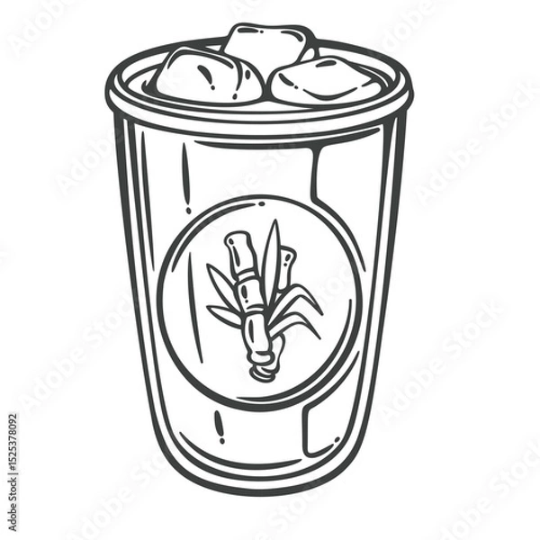Fototapeta Glass of sugar cane juice with ice cubes and bamboo logo, drawn in classic outline engraving style. Outline vector illustration for beverage labels, menus, or street food packaging.