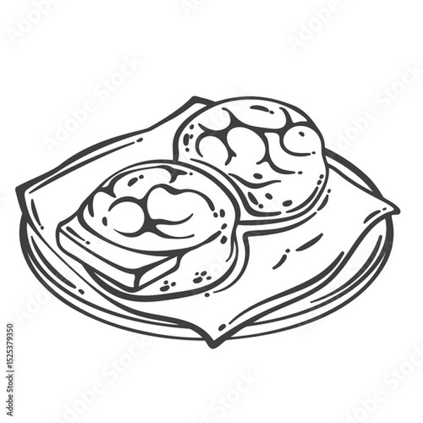 Fototapeta Traditional Hong Kong pineapple buns served on a plate, one with a slice of butter inside. Engraved black and white line style. Outline vector illustration for bakery menu, packaging, or cafe design.
