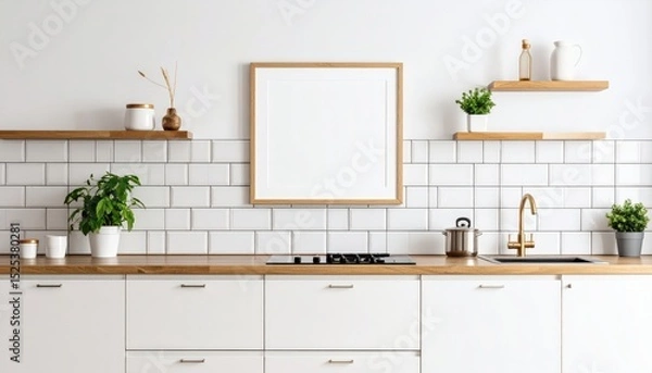 Fototapeta Bright kitchen with white cabinets wooden countertop and blank picture frame