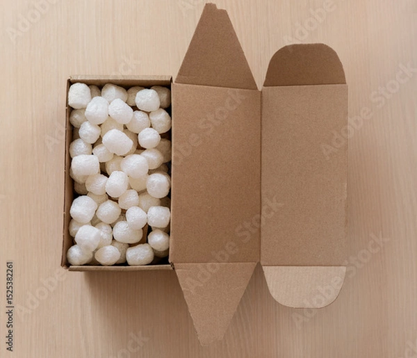 Fototapeta Top view of biodegradable with corn-based packing peanuts inside a kraft shipping box. Perfect visual for logistics, packaging industry, and online shopping themes