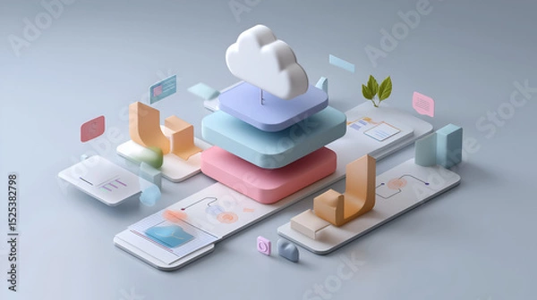 Fototapeta  SaaS workflow with cloud icons, arrows, software layers and abstract background